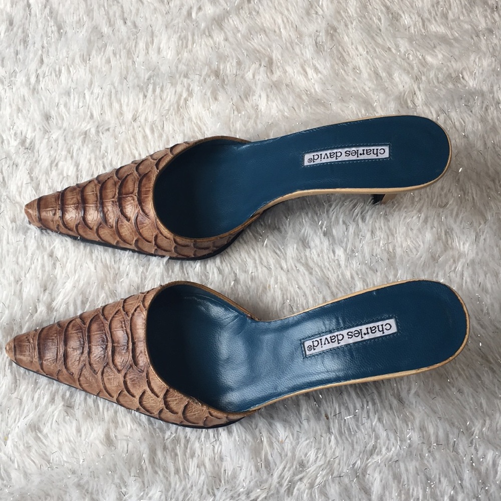 Vintage mule tan pointed toe reptile - Picture 8 of 12